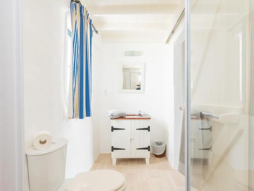 La salle de bains blanche est pourvue d'une douche et de toilettes. dans l'établissement Zandtorini Seaside Cottage, à Struisbaai