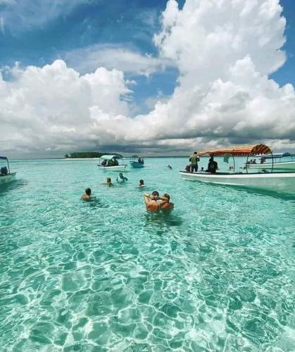 a group of people in the water in the ocean at Mint hause in Nungwi