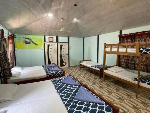 two beds in a room with two bunk beds at Greenwoods Nature Camp in Mudumalai National Park