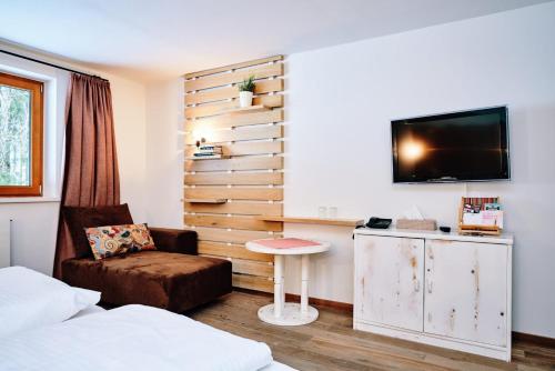 a room with a bed and a chair and a tv at Der Tannenhof in Reutte