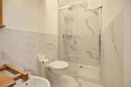 a bathroom with a shower and a toilet and a sink at La Dama Country Rooms in Monteriggioni