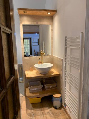 W łazience znajduje się umywalka i lustro. w obiekcie CasArte: monolocale TERRA w mieście Alpignano