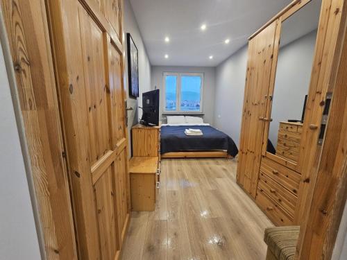 a bedroom with a bed and a tv in it at City Sense - Apartament z widokiem na góry i miasto in Bielawa