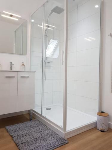 La salle de bains blanche est pourvue d'une douche et d'un tapis. dans l'établissement Maison de campagne à la ville, à Saint-Pavace