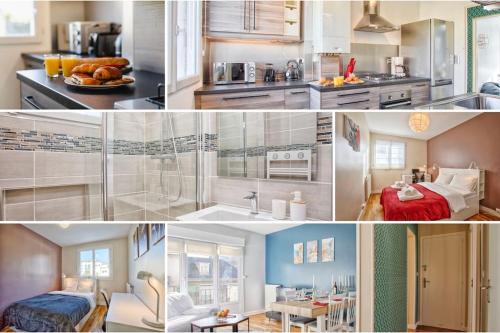 un collage de photos d'une cuisine et d'un salon dans l'établissement Belle Vaucelles • rénové et design • parking, wifi, à Caen