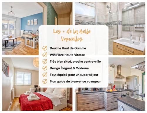 un collage de photos d'une cuisine et d'une salle de bains dans l'établissement Belle Vaucelles • rénové et design • parking, wifi, à Caen