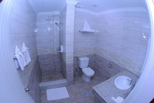 ein Bad mit einer Dusche, einem WC und einem Waschbecken in der Unterkunft Haile Hotel Wolaita in Sodo