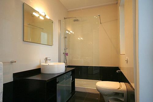W łazience znajduje się umywalka, toaleta i prysznic. w obiekcie Old Mint Penthouse w mieście Valletta