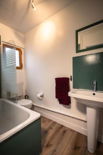 a bathroom with a sink and a tub and a toilet at Le Séraucourt Appartement de Charme Plein Centre (2-4 pers) in Bourges