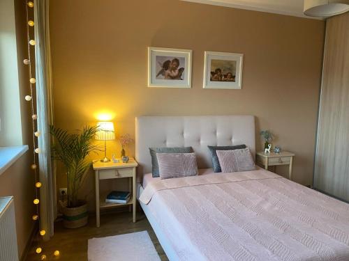1 dormitorio con 1 cama con 2 mesas y 2 cuadros en la pared en Colibri Apartament Lubniewice en Lubniewice