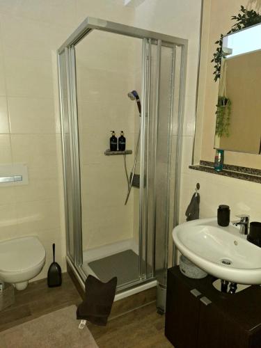 a bathroom with a shower and a sink at Ferienwohnung Heinel in Bad Sulza