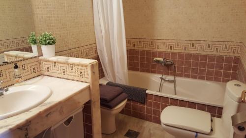La salle de bains est pourvue d'un lavabo, de toilettes et d'une baignoire. dans l'établissement Residencial Torres Roma, à Tarragone
