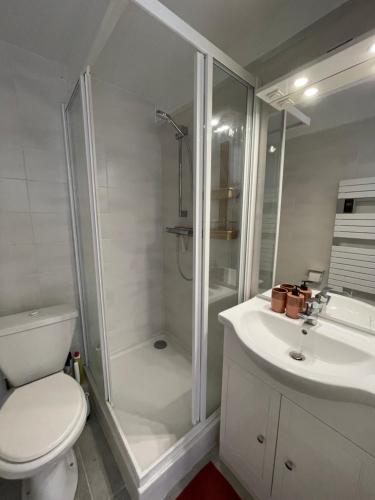 uma casa de banho com um chuveiro, um WC e um lavatório. em La Pinède - Séjour idéal entre plage et lac em Lacanau