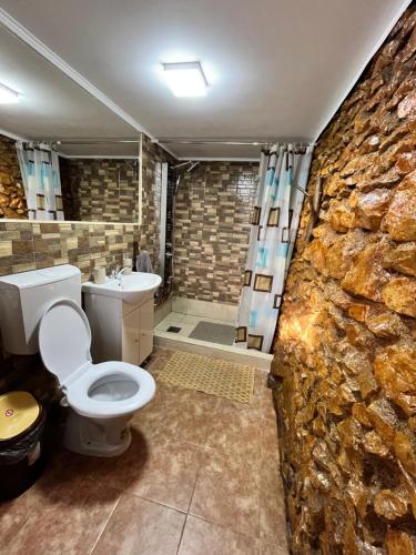 a bathroom with a toilet and a stone wall at Sunset Expanse in Turda