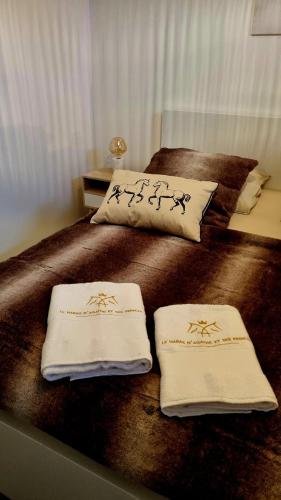 un lit avec deux serviettes dessus dans l'établissement Chambre d'hôtes au Haras d'Agathe et ses princes, à Les Barils