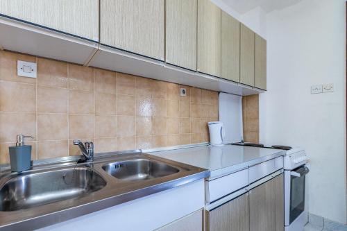 a kitchen with a stainless steel sink and cabinets at Apartments Janko Zarok in Baška