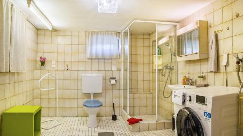 łazienka z toaletą i pralką w obiekcie Gemütliches altes Häus'chen w mieście Emmendingen