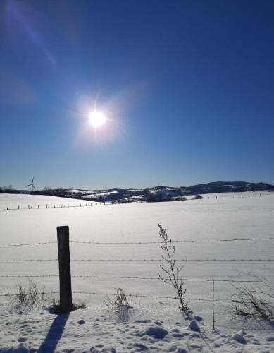 a fence in a snowy field with the sun in the sky at Sauerland-AlmWinterberg in Hallenberg