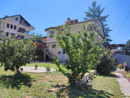 einen Hof mit Bäumen vor einem Gebäude in der Unterkunft Karolina Guest House in Ohrid