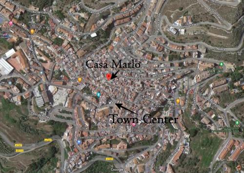 a map of a town center with a red heart at Casa Marlo, Spacious House in the Lively Centre of Cómpeta in Cómpeta