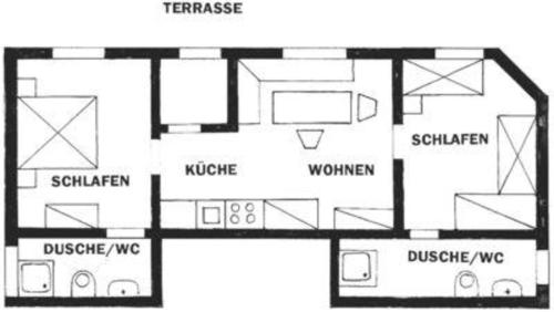 a black and white floor plan of a house at Ferienwohnung mit Weinlaube in Imst mit Terrasse, Grill und Garten in Imst