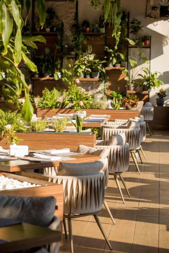 a row of tables and chairs with potted plants at Sky Blue Hotel & Spa in Ploieşti