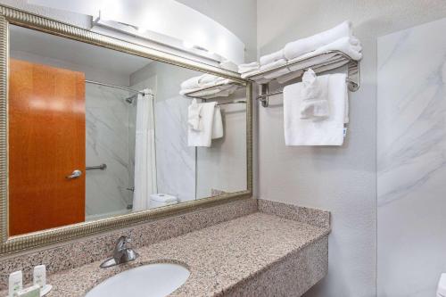 a bathroom with a sink and a mirror at Ramada by Wyndham Bowling Green in Bowling Green