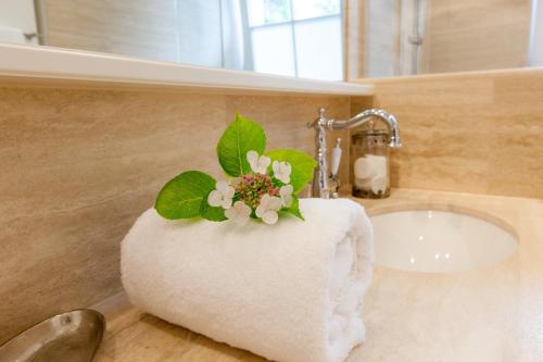 - un porte-serviettes avec des fleurs au-dessus d'un lavabo dans l'établissement Haus See-und Säntisblick "EG", à Friedrichshafen