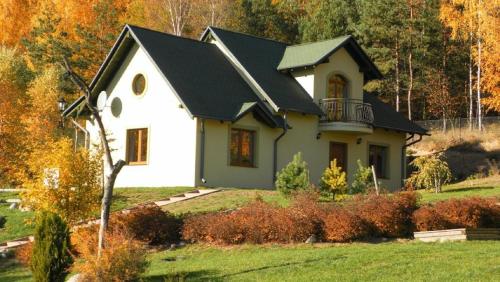 una casa blanca con techo negro en Haus am See mit Sauna, 