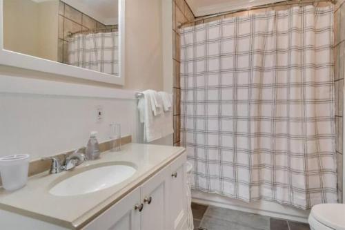 a bathroom with a sink and a shower curtain at Keep on the Sunny Side in Midtown Augusta in Augusta