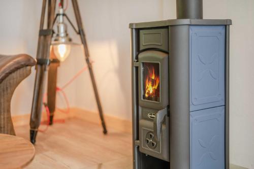a stove in a room with a fire in it at Kormoran - a59405 in Ueckeritz
