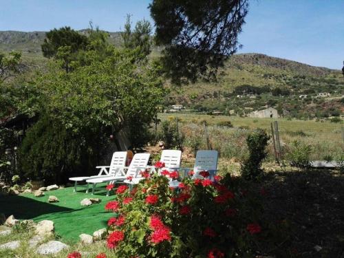 un grupo de sillas blancas en un campo con flores en Ferienhaus für 5 Personen ca 80 qm in Scopello, Sizilien Nordküste von Sizilien, en Scopello