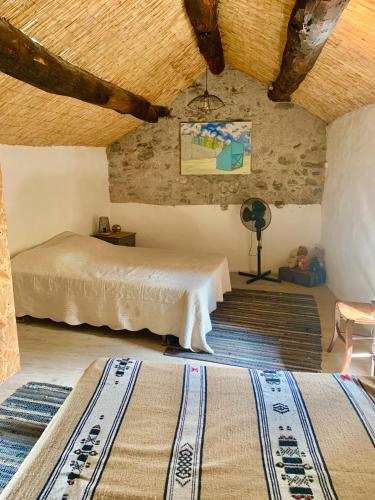 - une chambre avec 2 lits dans une pièce au plafond dans l'établissement Grande maison cévenole authentique, à Valleraugue