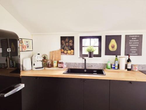 a kitchen with a sink and a counter top at Gîte au Haras d'Agathe et ses princes in Les Barils