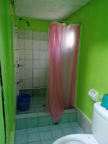 a bathroom with a shower with a pink shower curtain at Bella's Beach Resort (A) in Bauang