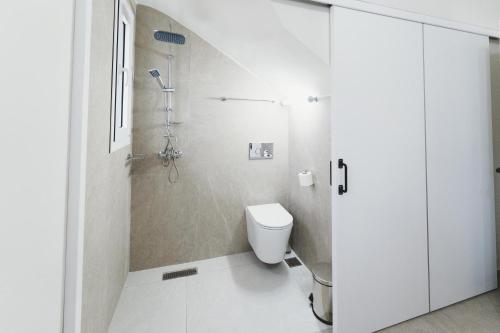 a white bathroom with a toilet and a shower at Aiolia Villa in Lachania
