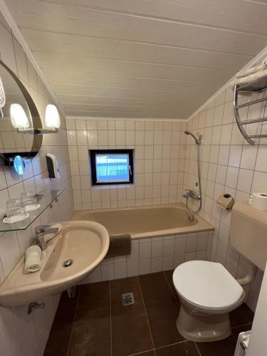 een badkamer met een wastafel, een toilet en een bad bij Club Villa in Ramsau am Dachstein