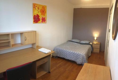 Cette petite chambre comprend un lit et un bureau. dans l'établissement Bel appartement à Dijon 2, à Dijon