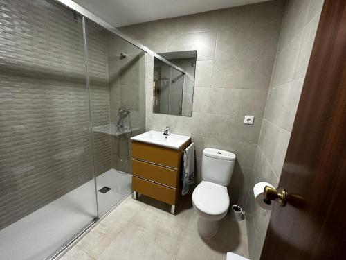 ein Bad mit einer Dusche, einem WC und einem Waschbecken in der Unterkunft PV34, Apartamento cerca mar con piscina parking in Villajoyosa