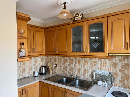 a kitchen with wooden cabinets and a sink at Guest House Dimos Kristi in Përmet
