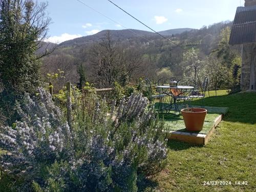 un jardín con una mesa y algunas flores púrpuras en Roseland, retraite calme en pleine nature en Saint-Girons