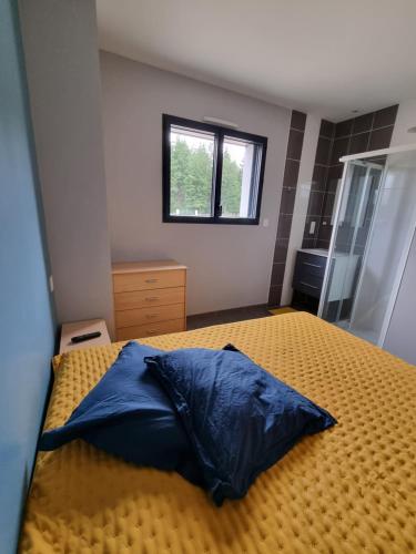 - une chambre avec un oreiller bleu sur un lit dans l'établissement Maison proche du circuit 24h du Mans, à Fay