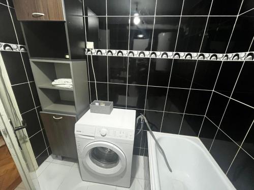 een kleine badkamer met een wasmachine bij Stan na dan in Šid