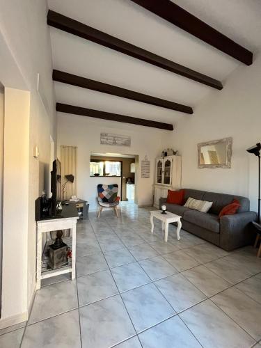 un salon avec un canapé et une cheminée dans l'établissement Villa T3 - 6 couchages - Piscine-Clim-Wifi-Garage, à Saint-Cyprien