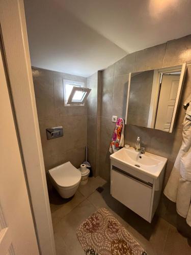 a bathroom with a white toilet and a sink at Villa 19 Apart Otel in Ilıca