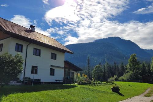 Cette maison blanche offre une vue sur la montagne. dans l'établissement Haus im Grünen, à Gosau