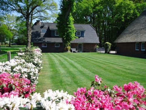 ein Haus mit einem Hof mit rosa Blumen in der Unterkunft Alleinstehendes Ferienhaus in Neusüdende mit Garten in Rastede