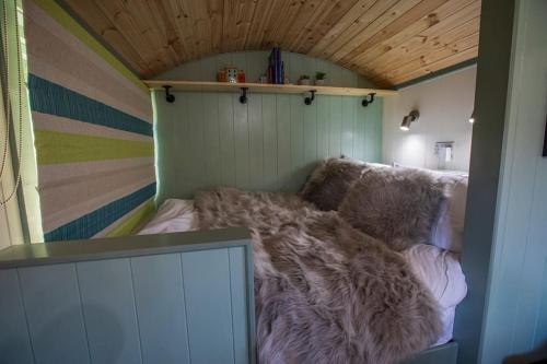 a room with a comforter on a bed at Cosy Shepherds Hut with hot tub in the Scottish Highlands in Stittenham