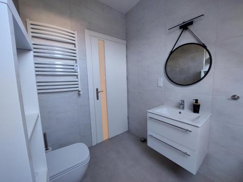 a white bathroom with a toilet and a mirror at Holiday Home Mierki 2 in Olsztynek