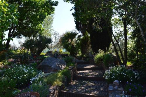 un jardín con flores azules, árboles y rocas en Ferienwohnung für 6 Personen ca 100 qm in Puegnago sul Garda, Gardasee Westufer Gardasee, en Castello